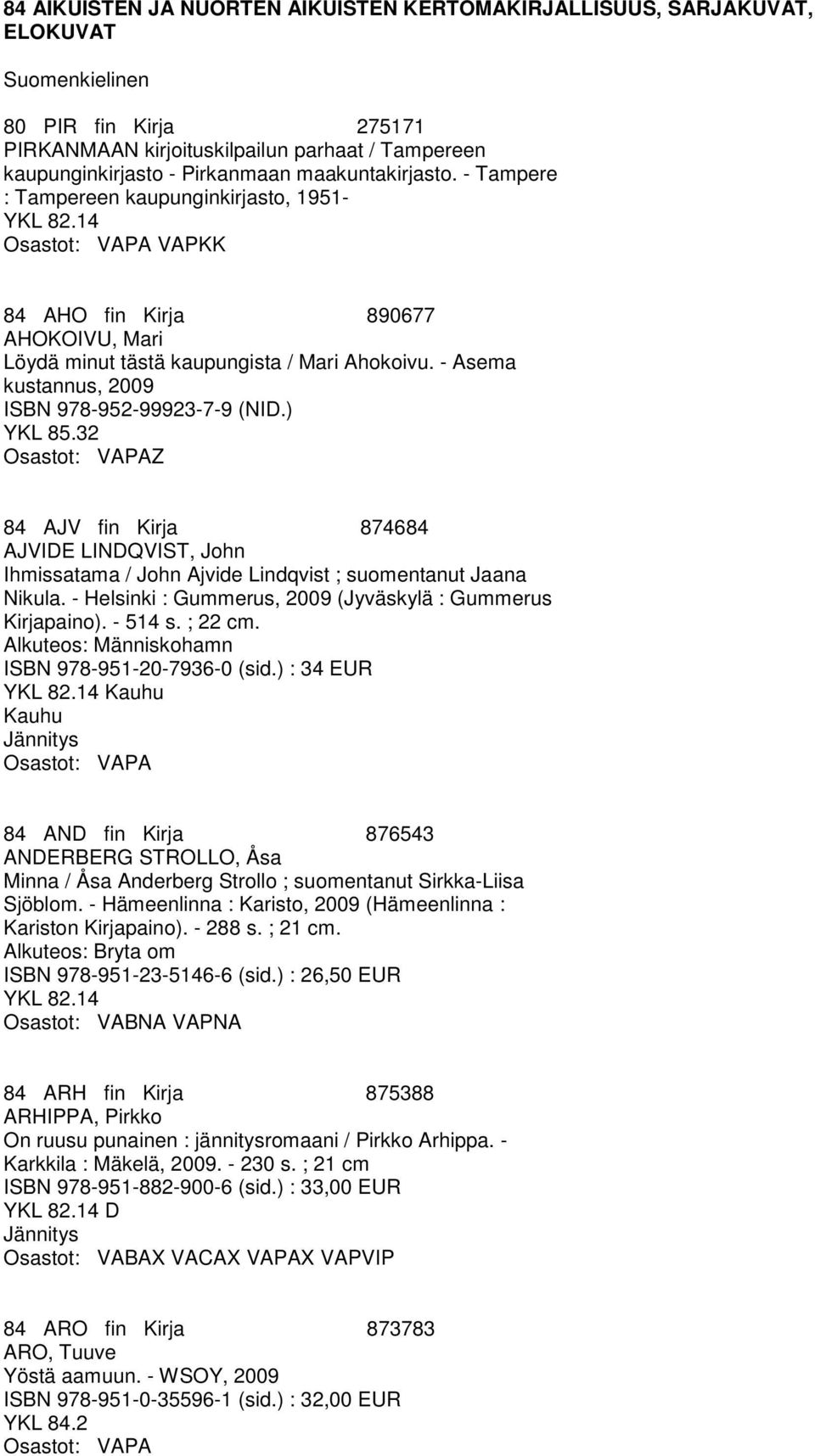 - Asema kustannus, 2009 ISBN 978-952-99923-7-9 (NID.) YKL 85.32 Z 84 AJV fin Kirja 874684 AJVIDE LINDQVIST, John Ihmissatama / John Ajvide Lindqvist ; suomentanut Jaana Nikula.