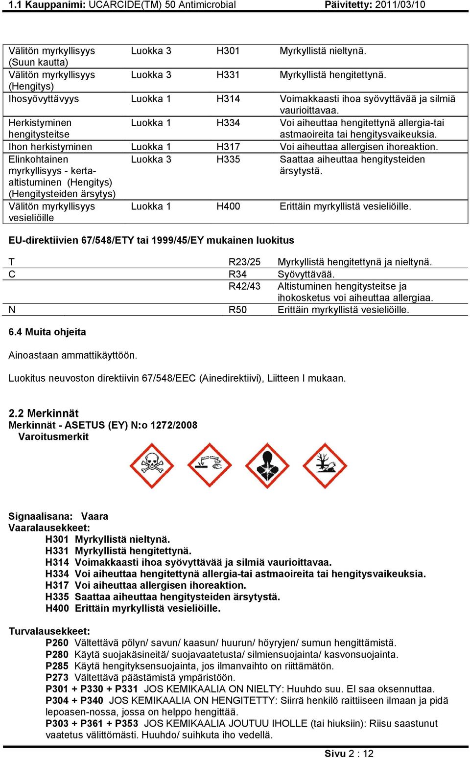 Herkistyminen hengitysteitse Luokka 1 H334 Voi aiheuttaa hengitettynä allergia-tai astmaoireita tai hengitysvaikeuksia. Ihon herkistyminen Luokka 1 H317 Voi aiheuttaa allergisen ihoreaktion.