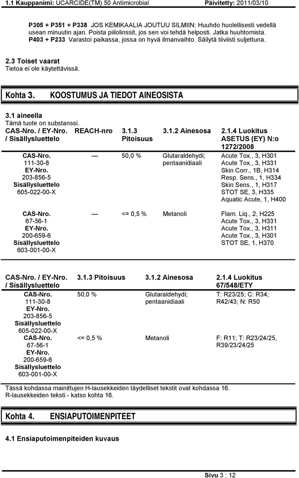 1 aineella Tämä tuote on substanssi. CAS-Nro. / EY-Nro. / Sisällysluettelo REACH-nro 3.1.3 Pitoisuus CAS-Nro. 111-30-8 EY-Nro.