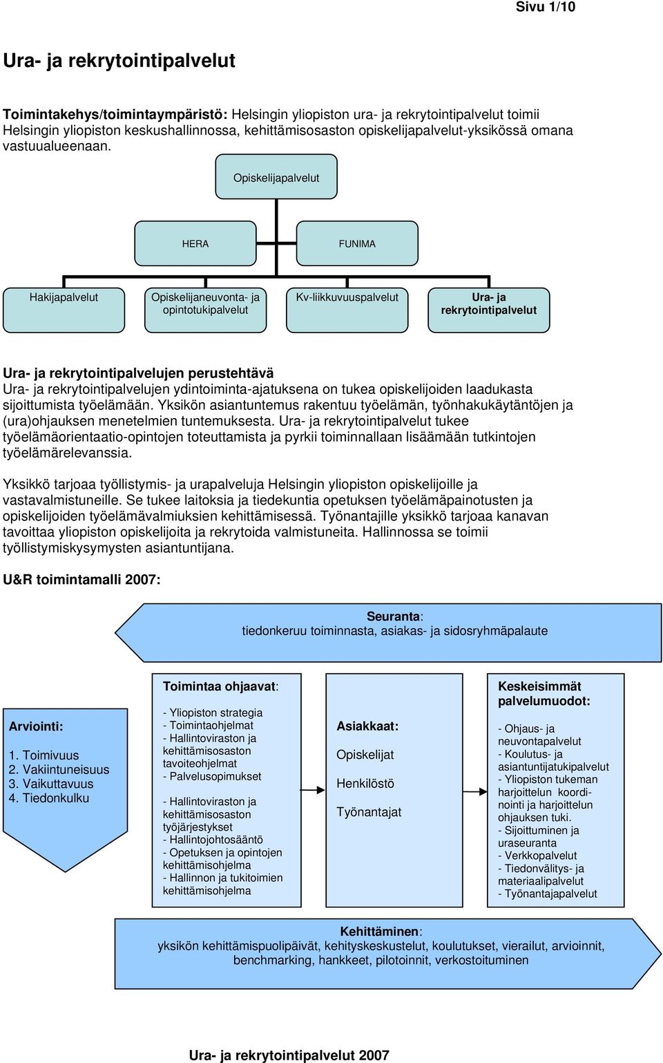 Opiskelijapalvelut HERA FUNIMA Hakijapalvelut Opiskelijaneuvonta- ja opintotukipalvelut Kv-liikkuvuuspalvelut Ura- ja rekrytointipalvelut Ura- ja rekrytointipalvelujen perustehtävä Ura- ja