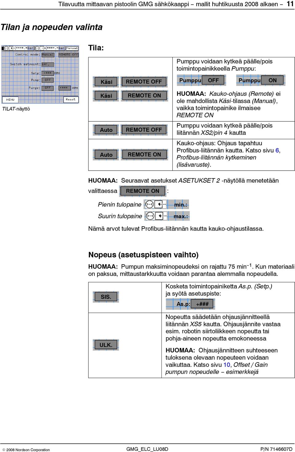 päälle/pois liitännän XS2/pin 4 kautta Auto REMOTE ON Kauko-ohjaus: Ohjaus tapahtuu Profibus-liitännän kautta. Katso sivu 6, Profibus-liitännän kytkeminen (lisävaruste).