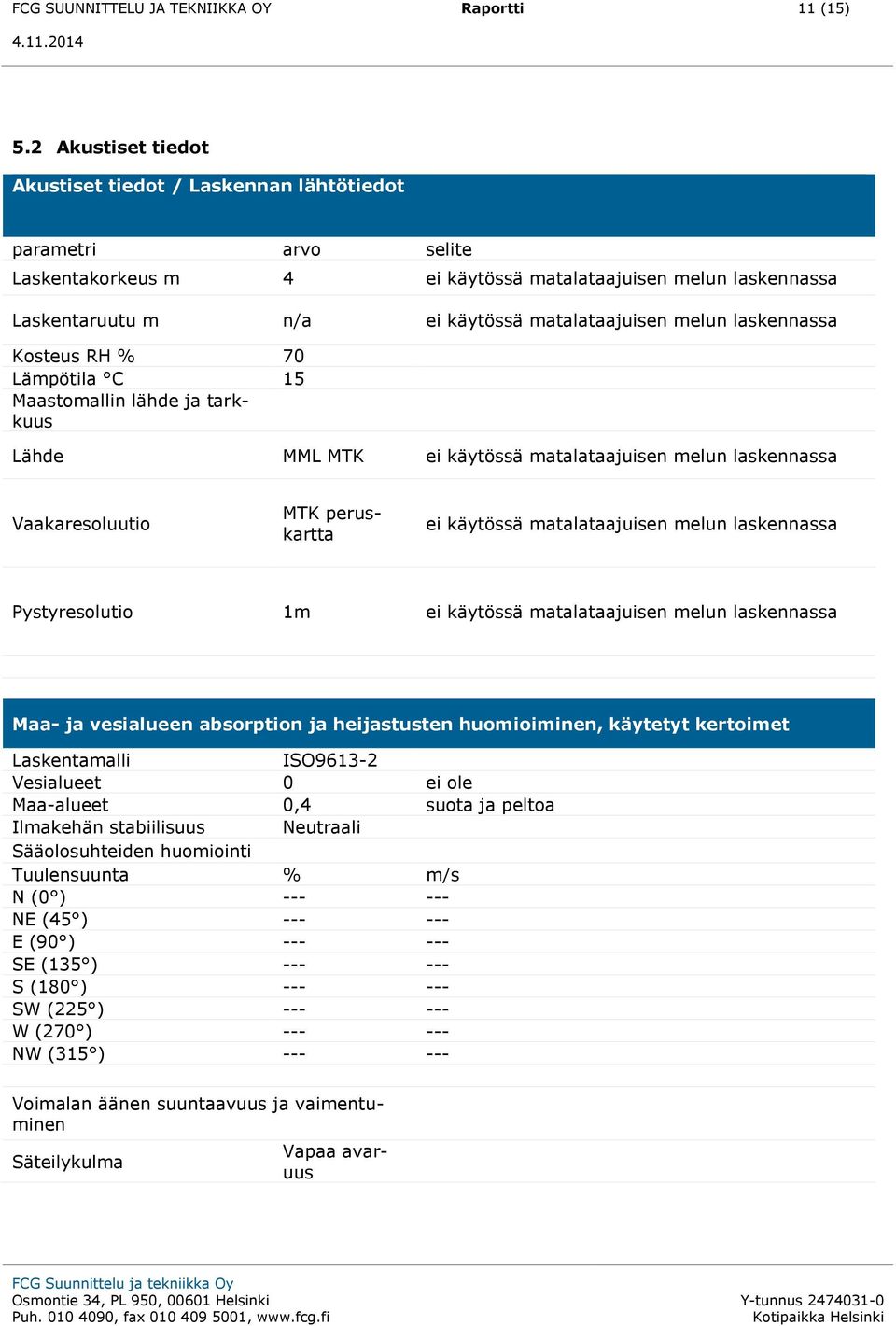 melun laskennassa Kosteus RH % Lämpötila C 15 Maastomallin lähde ja tarkkuus Lähde MML MTK ei käytössä matalataajuisen melun laskennassa Vaakaresoluutio MTK peruskartta ei käytössä matalataajuisen