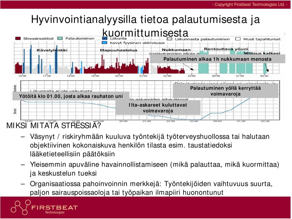 Ilta-askareet kuluttavat voimavaroja Väsynyt / riskiryhmään kuuluva työntekijä työterveyshuollossa tai halutaan objektiivinen kokonaiskuva henkilön tilasta esim.