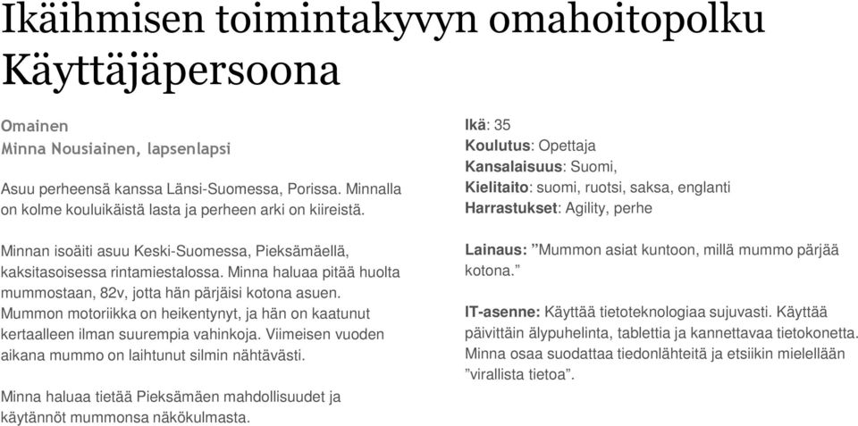 Minna haluaa pitää huolta mummostaan, 82v, jotta hän pärjäisi kotona asuen. Mummon motoriikka on heikentynyt, ja hän on kaatunut kertaalleen ilman suurempia vahinkoja.