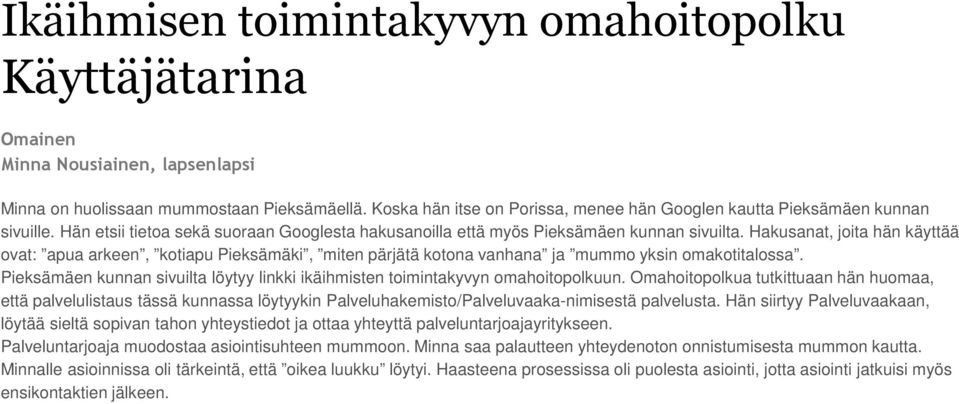 Hakusanat, joita hän käyttää ovat: apua arkeen, kotiapu Pieksämäki, miten pärjätä kotona vanhana ja mummo yksin omakotitalossa.