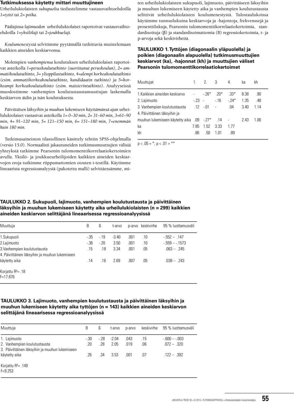 Koulumenestystä selvitimme pyytämällä tutkittavia muistelemaan kaikkien aineiden keskiarvonsa.