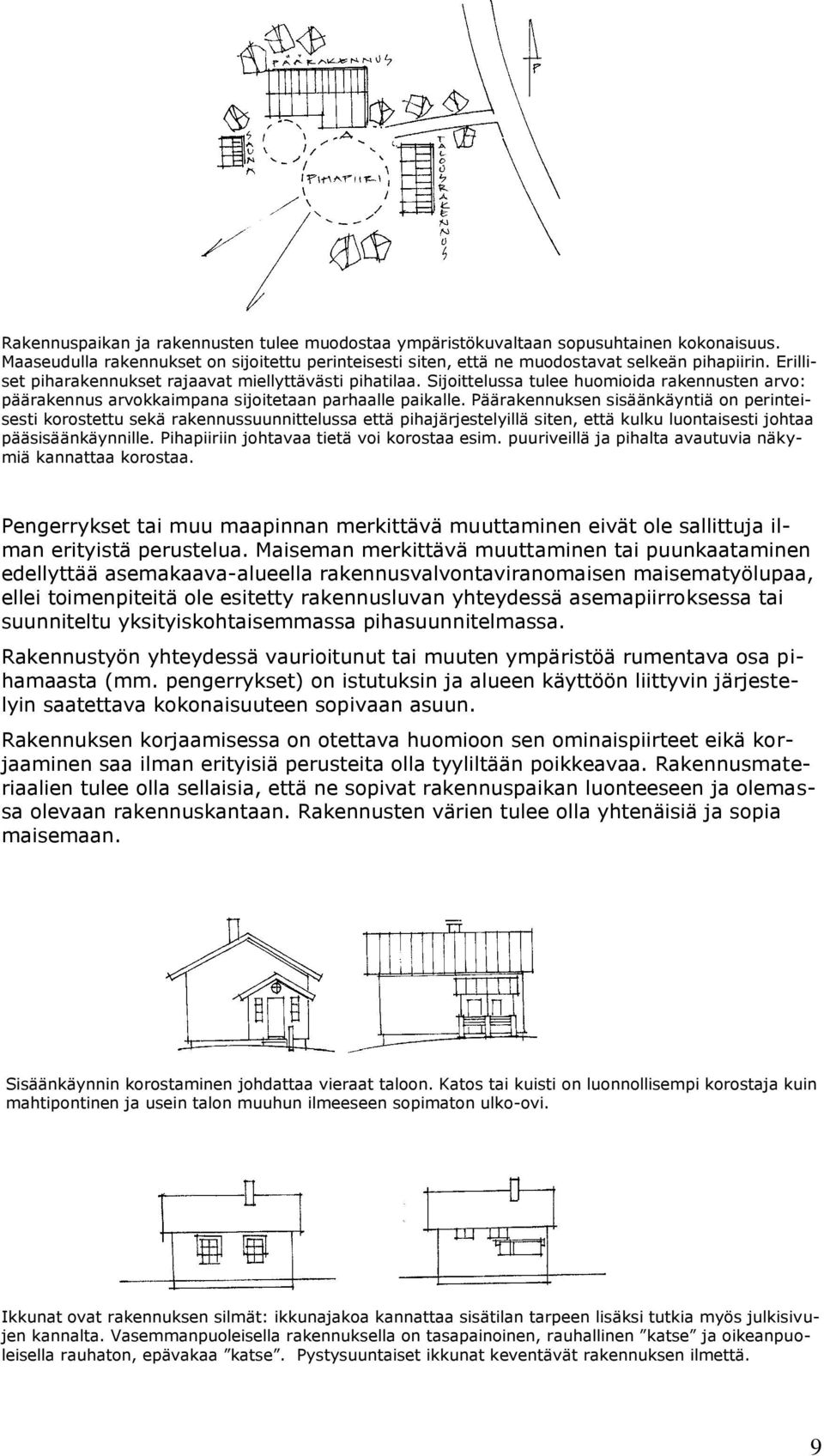 Päärakennuksen sisäänkäyntiä on perinteisesti korostettu sekä rakennussuunnittelussa että pihajärjestelyillä siten, että kulku luontaisesti johtaa pääsisäänkäynnille.