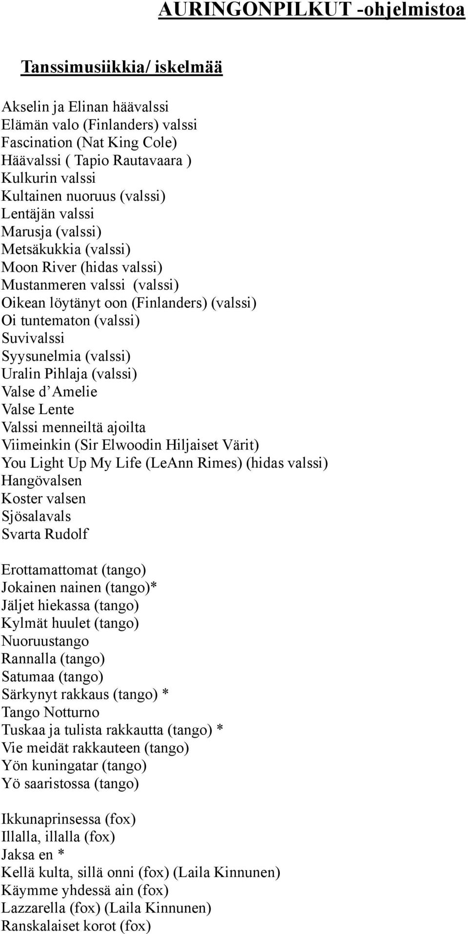 Suvivalssi Syysunelmia (valssi) Uralin Pihlaja (valssi) Valse d Amelie Valse Lente Valssi menneiltä ajoilta Viimeinkin (Sir Elwoodin Hiljaiset Värit) You Light Up My Life (LeAnn Rimes) (hidas valssi)