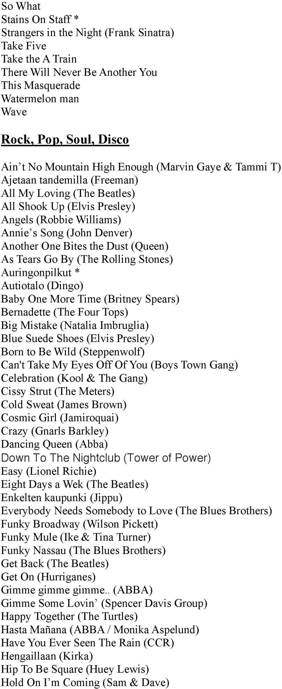 Bites the Dust (Queen) As Tears Go By (The Rolling Stones) Auringonpilkut * Autiotalo (Dingo) Baby One More Time (Britney Spears) Bernadette (The Four Tops) Big Mistake (Natalia Imbruglia) Blue Suede