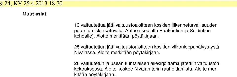 25 valtuutettua jätti valtuustoaloitteen koskien viikonloppupäivystystä Nivalassa. Aloite merkitään pöytäkirjaan.