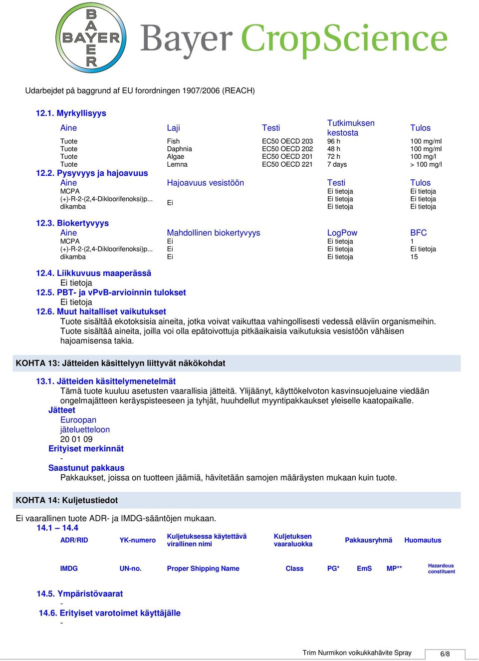 Biokertyvyys Aine Mahdollinen biokertyvyys LogPow BFC MCPA (+)R2(2,4Dikloorifenoksi)p... dikamba 1 15 12.4. Liikkuvuus maaperässä 12.5. PBT ja vpvbarvioinnin tulokset 12.6.