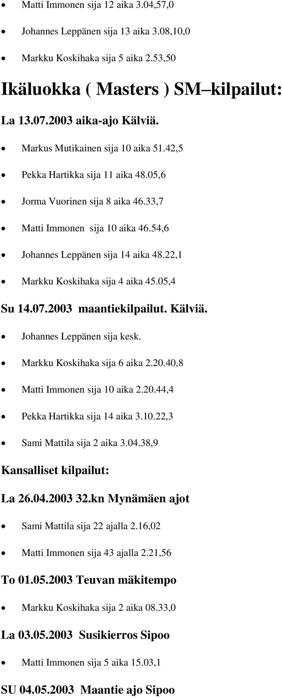 22,1 Markku Koskihaka sija 4 aika 45.05,4 Su 14.07.2003 maantiekilpailut. Kälviä. Johannes Leppänen sija kesk. Markku Koskihaka sija 6 aika 2.20.40,8 Matti Immonen sija 10 aika 2.20.44,4 Pekka Hartikka sija 14 aika 3.
