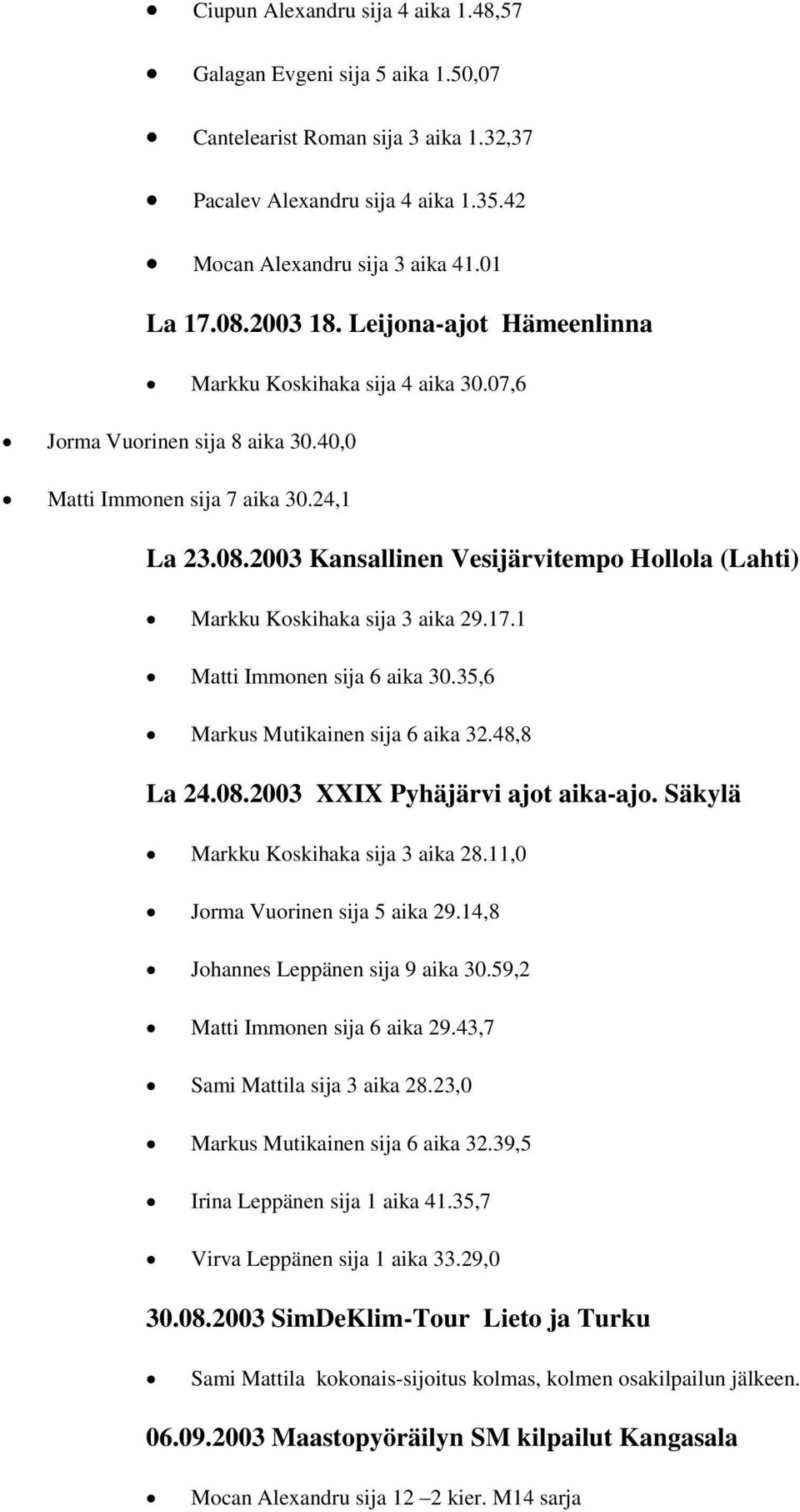 2003 Kansallinen Vesijärvitempo Hollola (Lahti) Markku Koskihaka sija 3 aika 29.17.1 Matti Immonen sija 6 aika 30.35,6 Markus Mutikainen sija 6 aika 32.48,8 La 24.08.2003 XXIX Pyhäjärvi ajot aika-ajo.