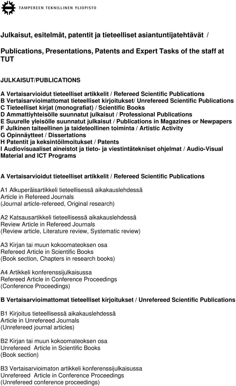 Ammattiyhteisölle suunnatut julkaisut / Professional Publications E Suurelle yleisölle suunnatut julkaisut / Publications in Magazines or Newpapers F Julkinen taiteellinen ja taideteollinen toiminta