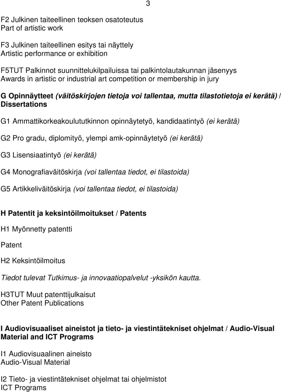 Dissertations G1 Ammattikorkeakoulututkinnon opinnäytetyö, kandidaatintyö (ei kerätä) G2 Pro gradu, diplomityö, ylempi amk-opinnäytetyö (ei kerätä) G3 Lisensiaatintyö (ei kerätä) G4