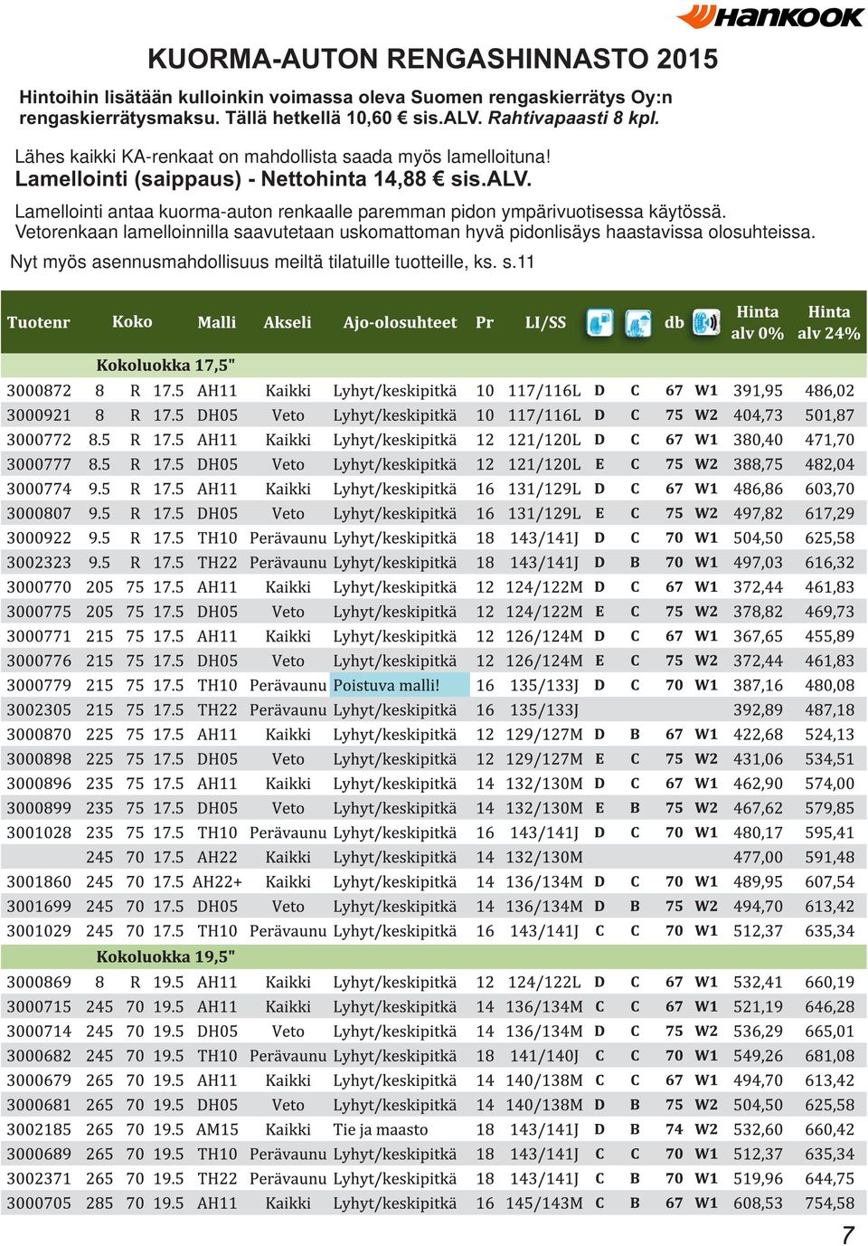 Lamellointi (saippaus) - Nettohinta 14,88 sis.alv. Lamellointi antaa kuorma-auton renkaalle paremman pidon ympärivuotisessa käytössä.