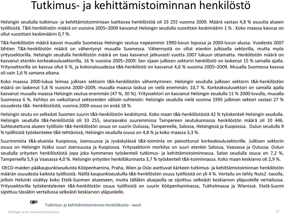 T&k-henkilöstön määrä kasvoi muualla Suomessa Helsingin seutua nopeammin 1990-luvun lopussa ja 2000-luvun alussa. Vuodesta 2007 lähtien T&k-henkilöstön määrä on vähentynyt muualla Suomessa.