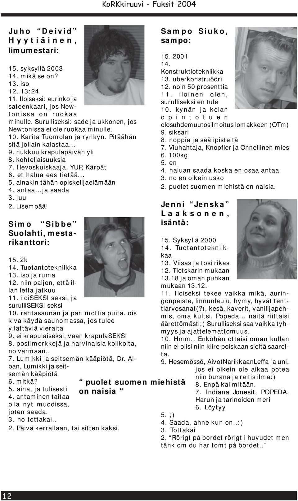 Hevoskuiskaaja, YUP, Kärpät 6. et halua ees tietää... 5. ainakin tähän opiskelijaelämään 4. antaa...ja saada 3. juu 2. Lisempää! Simo Sibbe Suolahti, mestarikanttori: 15. 2k 14. Tuotantotekniikka 13.