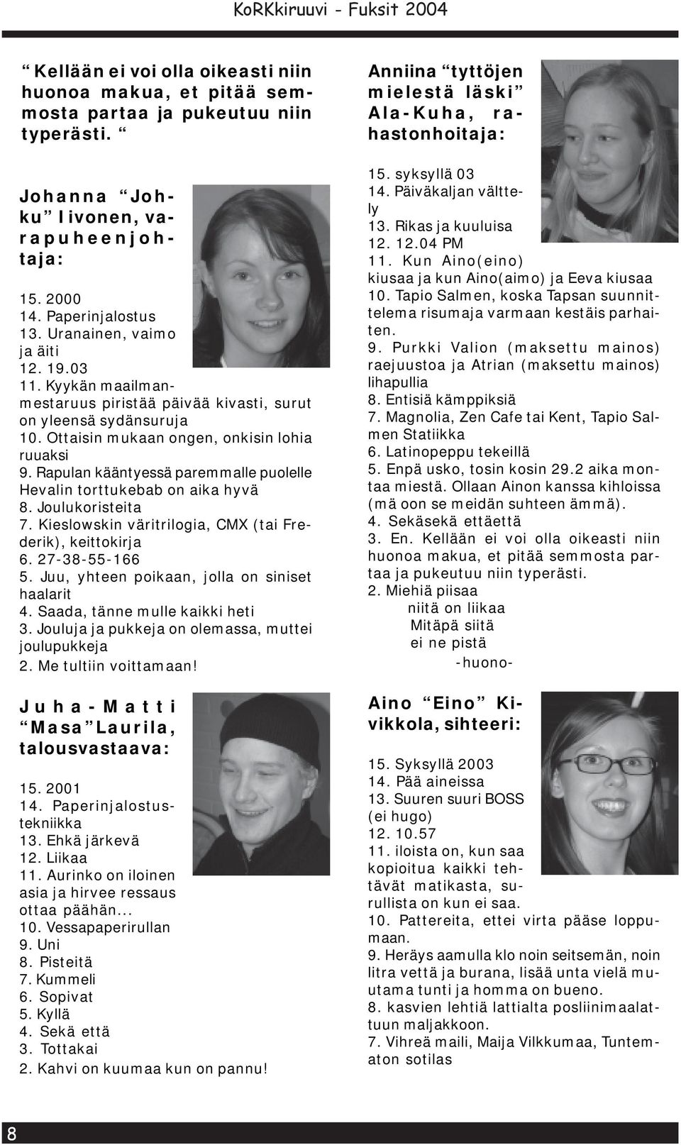 Rapulan kääntyessä paremmalle puolelle Hevalin torttukebab on aika hyvä 8. Joulukoristeita 7. Kieslowskin väritrilogia, CMX (tai Frederik), keittokirja 6. 27-38-55-166 5.