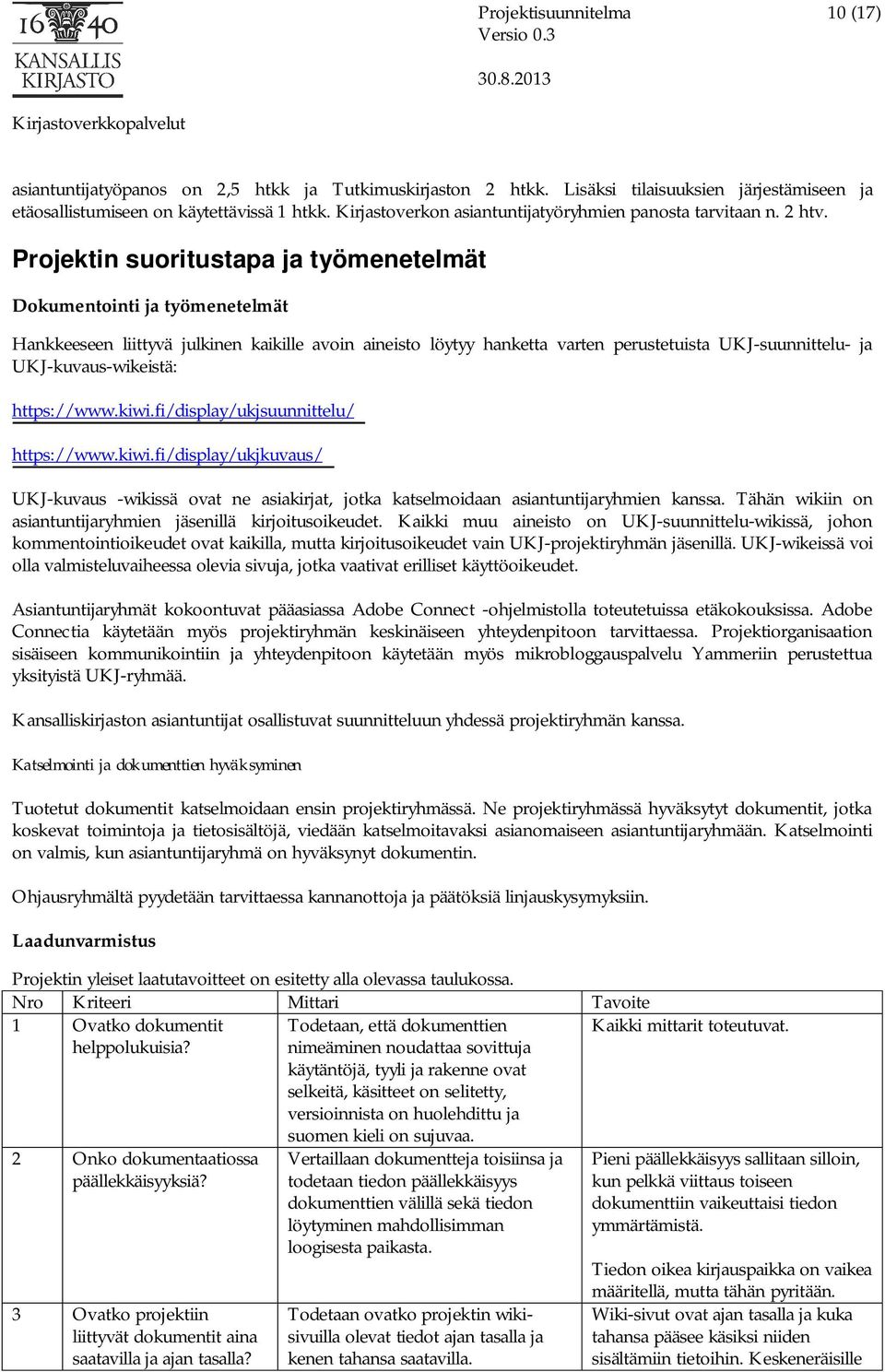 Projektin suoritustapa ja työmenetelmät Dokumentointi ja työmenetelmät Hankkeeseen liittyvä julkinen kaikille avoin aineisto löytyy hanketta varten perustetuista UKJ-suunnittelu- ja