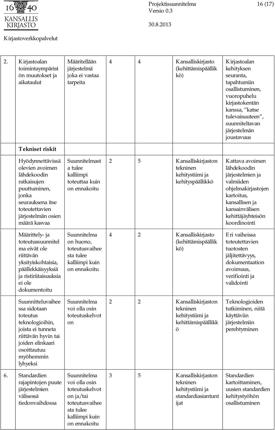 osallistuminen, vuoropuhelu kirjastokentän kanssa, katse tulevaisuuteen, suunniteltavan järjestelmän joustavuus Tekniset riskit Hyödynnettävissä olevien avoimen lähdekoodin ratkaisujen puuttuminen,