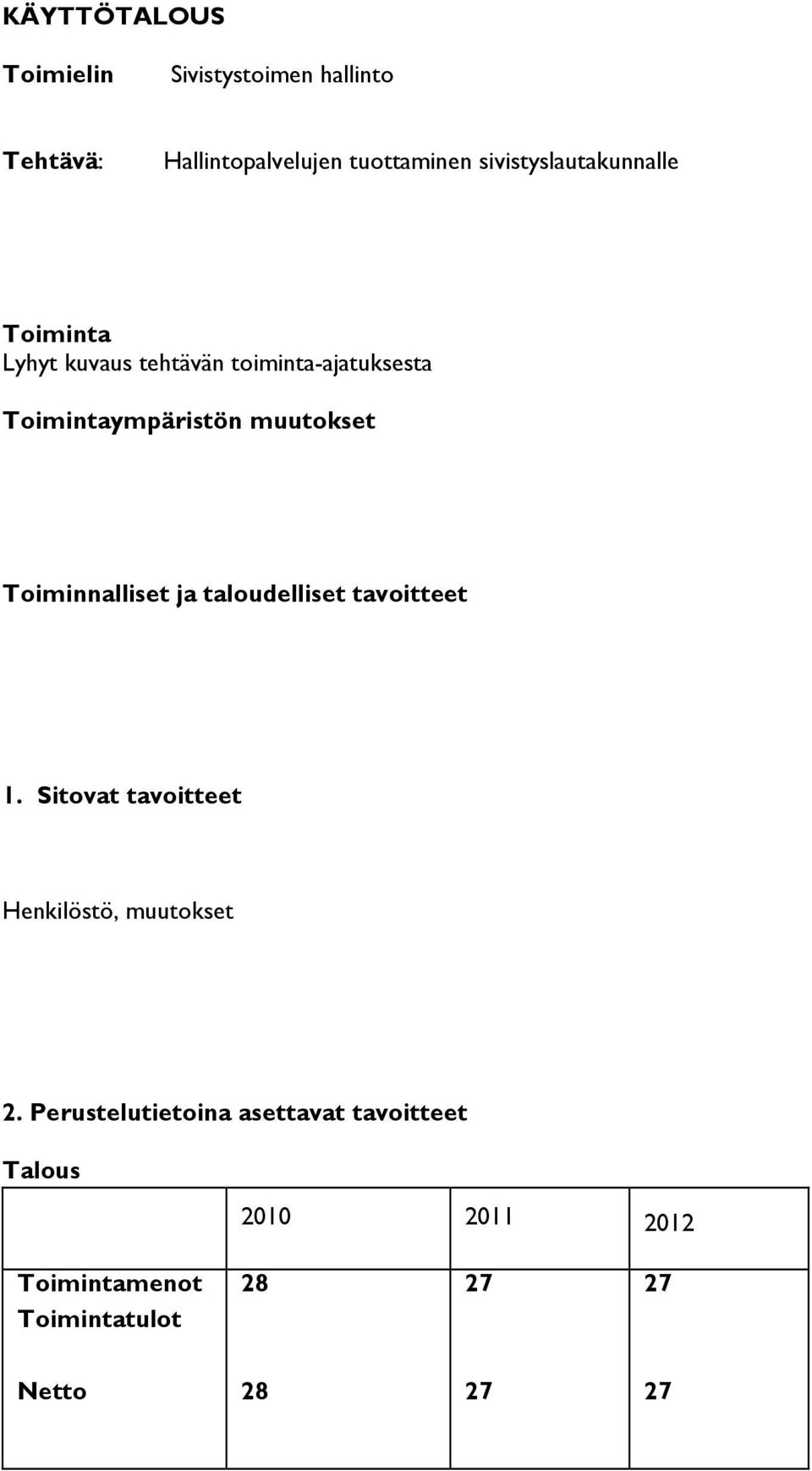 muutokset Toiminnalliset ja taloudelliset tavoitteet 1.