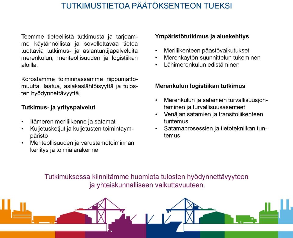 Tutkimus- ja yrityspalvelut Itämeren meriliikenne ja satamat Kuljetusketjut ja kuljetusten toimintaympäristö Meriteollisuuden ja varustamotoiminnan kehitys ja toimialarakenne Ympäristötutkimus ja