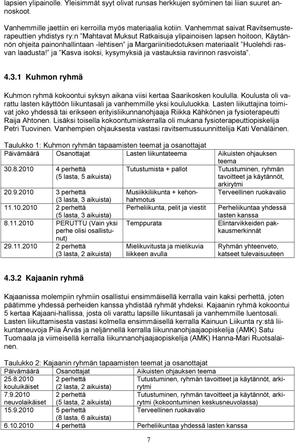 Huolehdi rasvan laadusta! ja Kasva isoksi, kysymyksiä ja vastauksia ravinnon rasvoista. 4.3.1 Kuhmon ryhmä Kuhmon ryhmä kokoontui syksyn aikana viisi kertaa Saarikosken koululla.