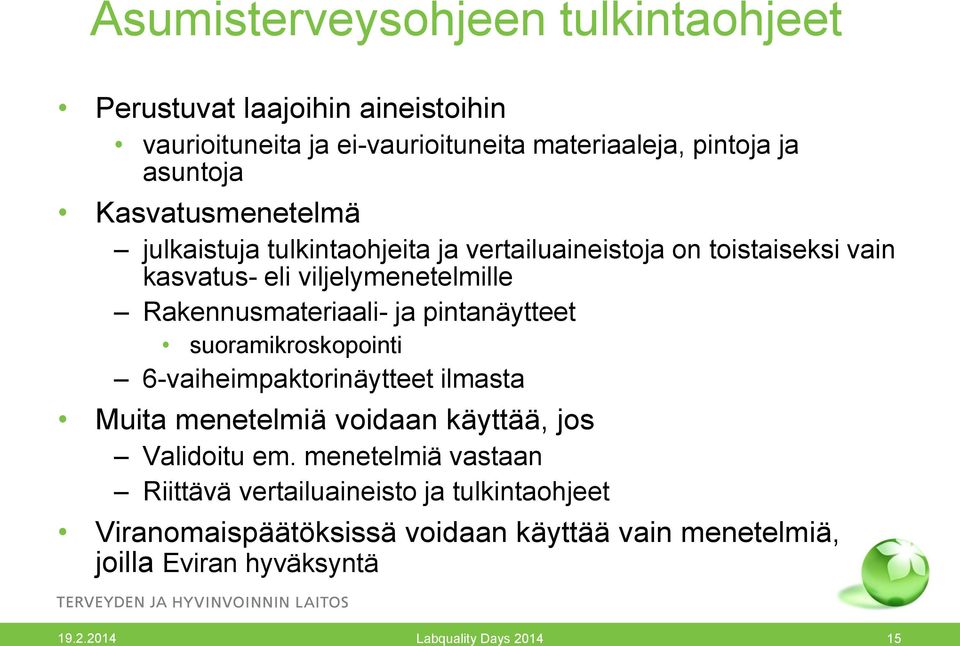 ja pintanäytteet suoramikroskopointi 6-vaiheimpaktorinäytteet ilmasta Muita menetelmiä voidaan käyttää, jos Validoitu em.