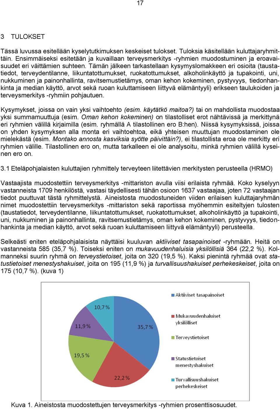 Tämän jälkeen tarkastellaan kysymyslomakkeen eri osioita (taustatiedot, terveydentilanne, liikuntatottumukset, ruokatottumukset, alkoholinkäyttö ja tuakointi, uni, nukkuminen ja ainonhallinta,