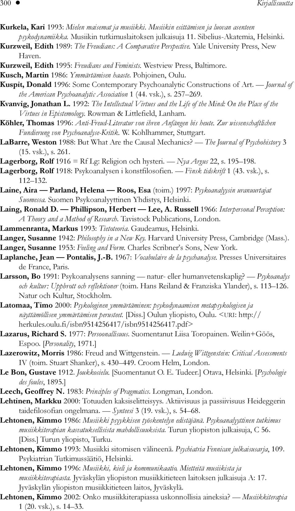 Kusch, Martin 1986: Ymmärtämisen haaste. Pohjoinen, Oulu. Kuspit, Donald 1996: Some Contemporary Psychoanalytic Constructions of Art. Journal of the American Psychoanalytic Association 1 (44. vsk.