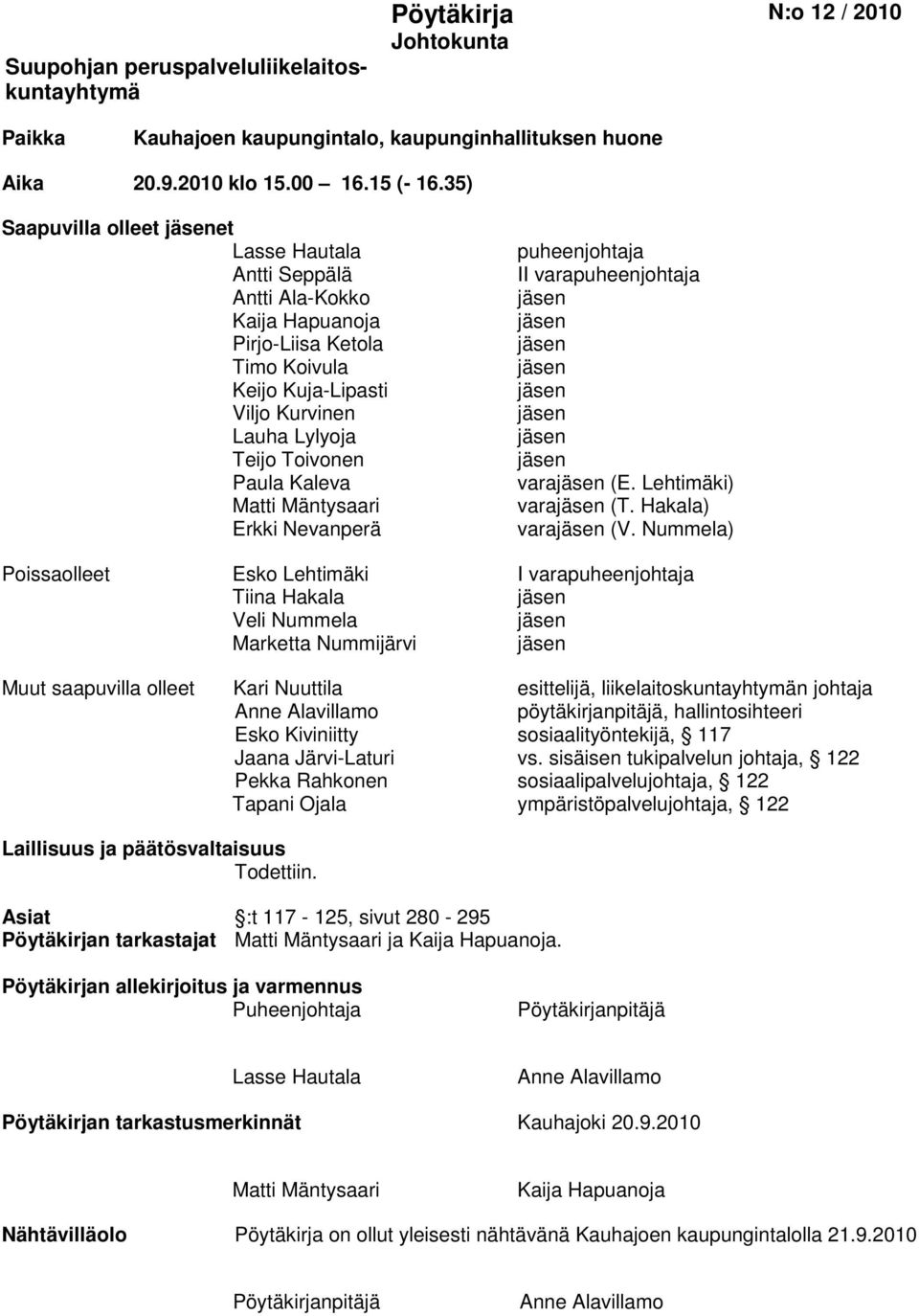 Mäntysaari Erkki Nevanperä puheenjohtaja II varapuheenjohtaja vara (E. Lehtimäki) vara (T. Hakala) vara (V.