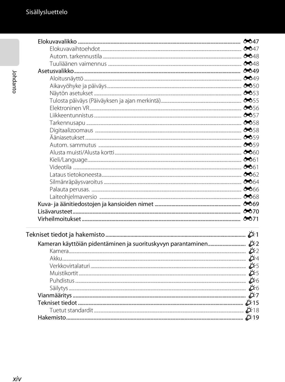 .. E59 Autom. sammutus... E59 Alusta muisti/alusta kortti... E60 Kieli/Language... E61 Videotila... E61 Lataus tietokoneesta... E62 Silmänräpäysvaroitus... E64 Palauta perusas.... E66 Laiteohjelmaversio.