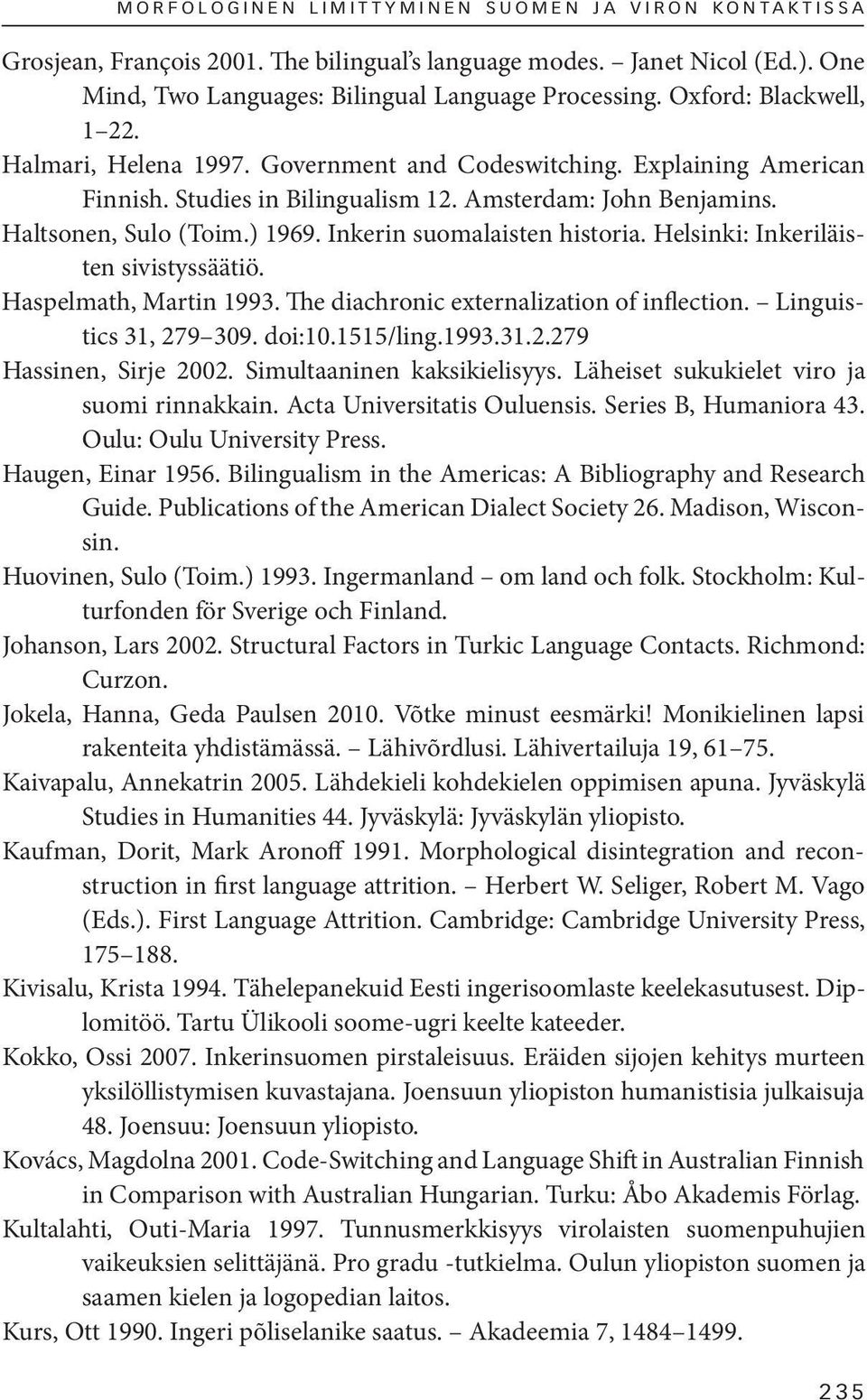 Inkerin suomalaisten historia. Helsinki: Inkeriläisten sivistyssäätiö. Haspelmath, Martin 1993. The diachronic externalization of inflection. Linguistics 31, 279 309. doi:10.1515/ling.1993.31.2.279 Hassinen, Sirje 2002.