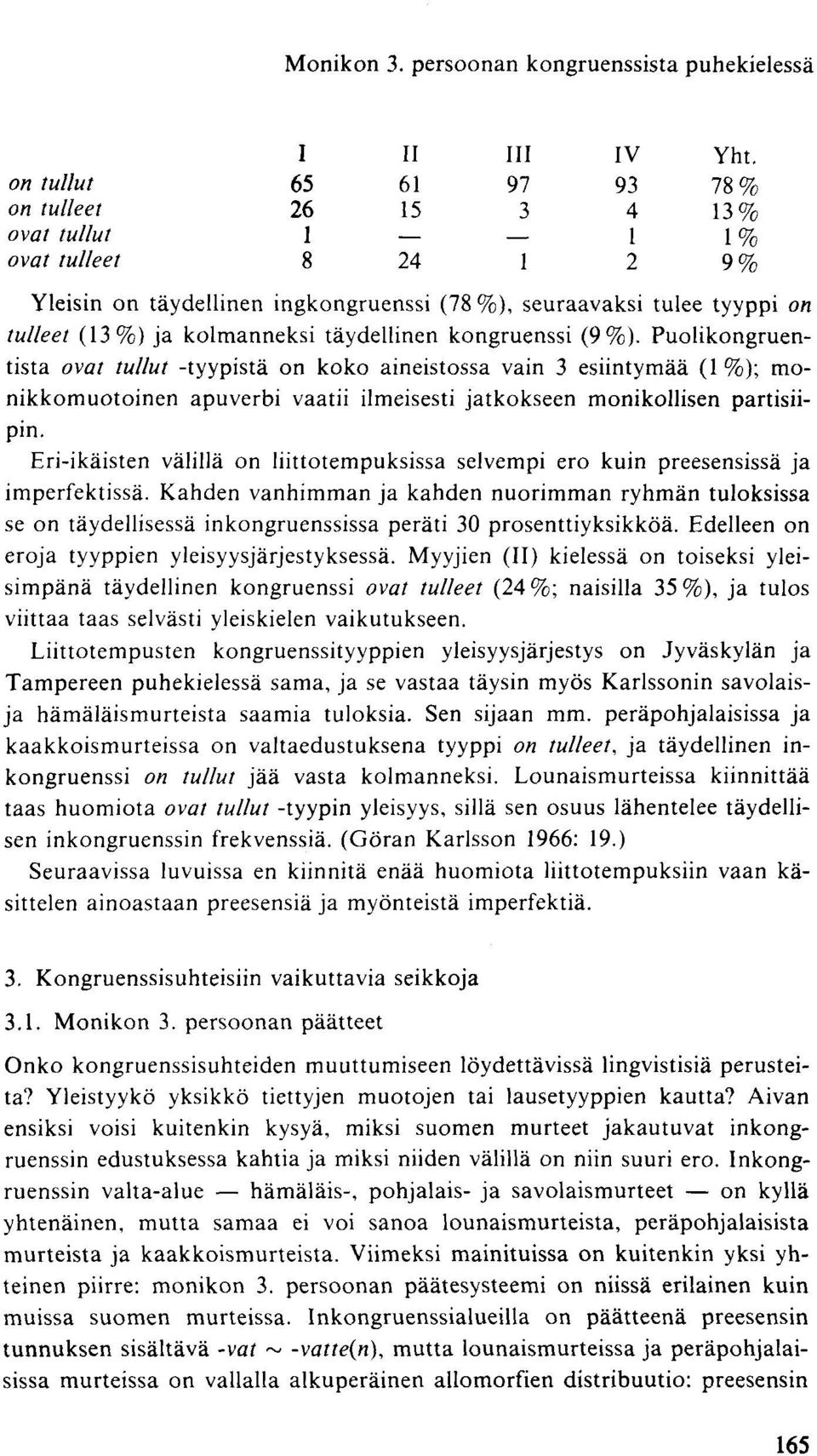 Puolikongruentista ovat tullut -tyypistä on koko aineistossa vain 3 esiintymää (1 %); monikkomuotoinen apuverbi vaatii ilmeisesti jatkokseen monikollisen partisiipin.