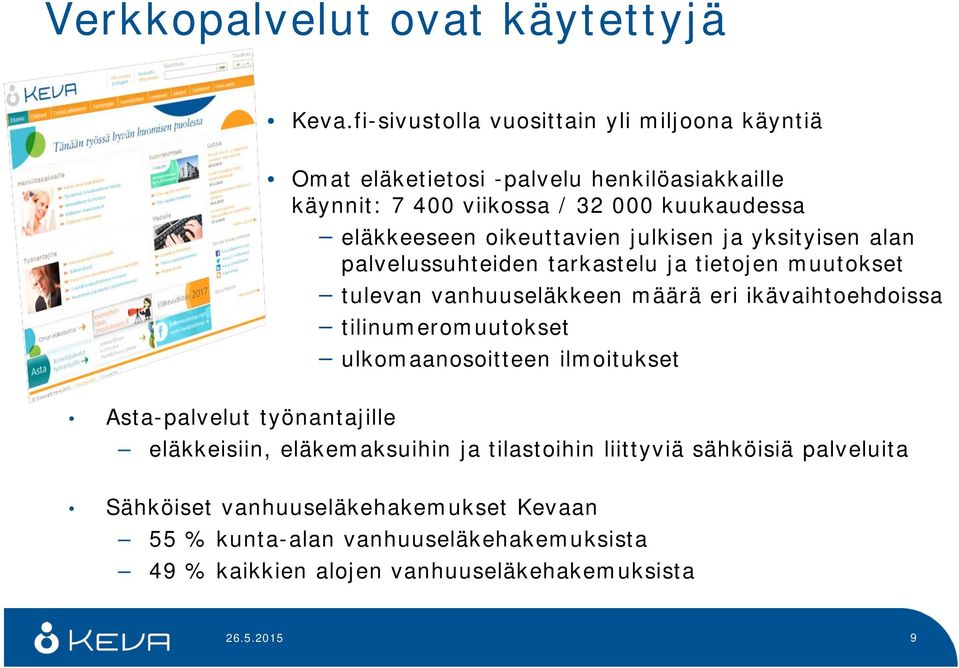 oikeuttavien julkisen ja yksityisen alan palvelussuhteiden tarkastelu ja tietojen muutokset tulevan vanhuuseläkkeen määrä eri ikävaihtoehdoissa