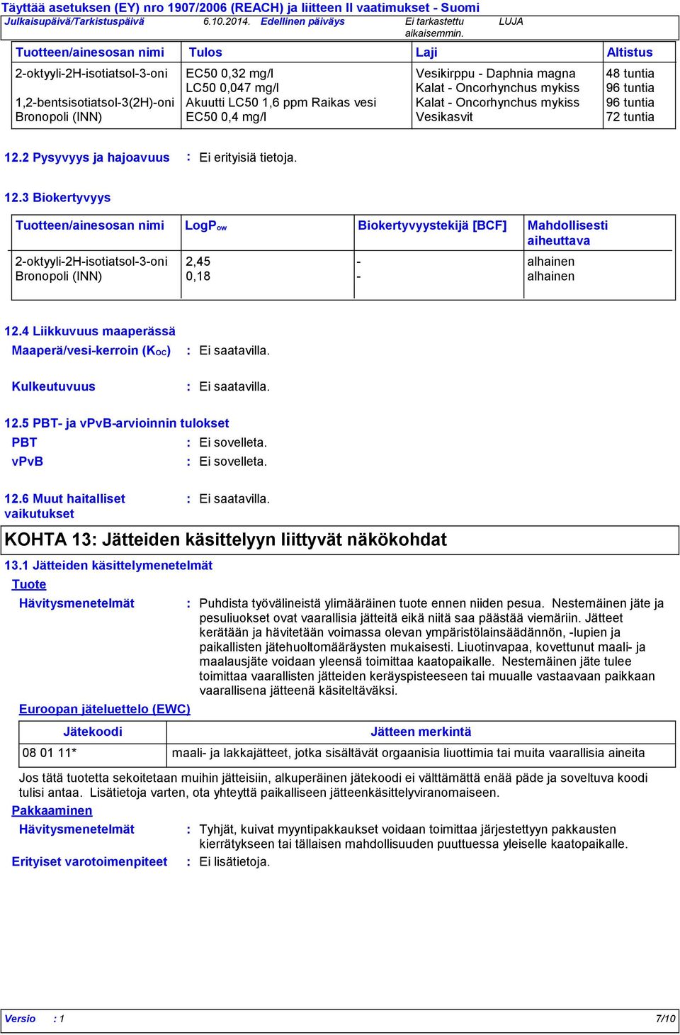 2 Pysyvyys ja hajoavuus Ei erityisiä tietoja. 12.