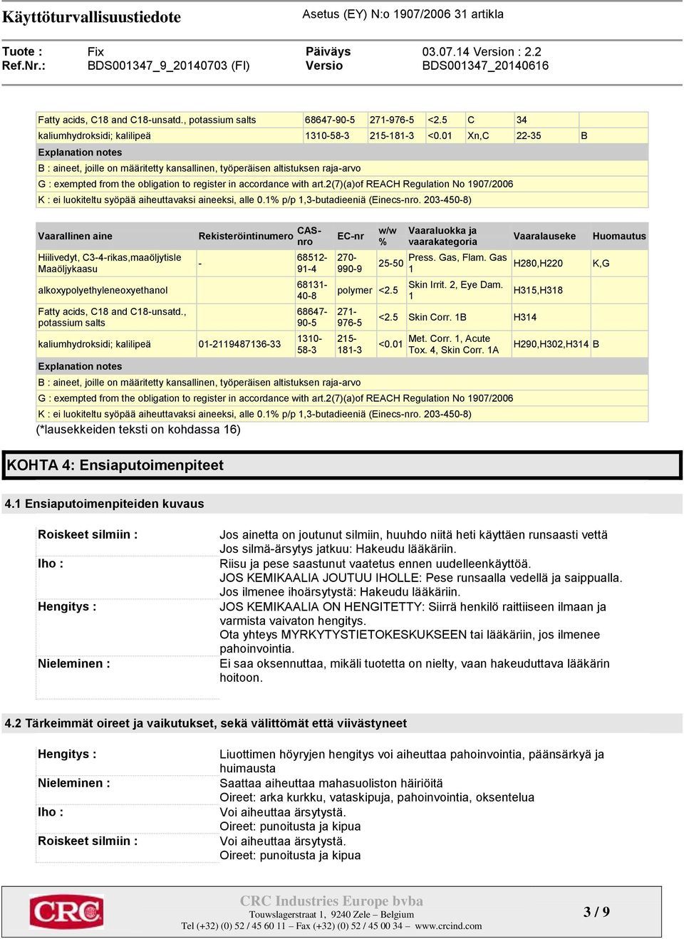 2(7)(a)of REACH Regulation No 1907/2006 K : ei luokiteltu syöpää aiheuttavaksi aineeksi, alle 0.1% p/p 1,3-butadieeniä (necs-nro.