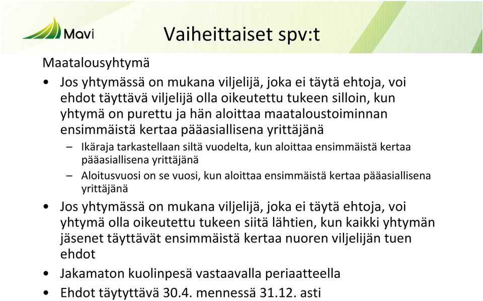 Aloitusvuosi on se vuosi, kun aloittaa ensimmäistä kertaa pääasiallisena yrittäjänä Jos yhtymässä on mukana viljelijä, joka ei täytä ehtoja, voi yhtymä olla oikeutettu tukeen