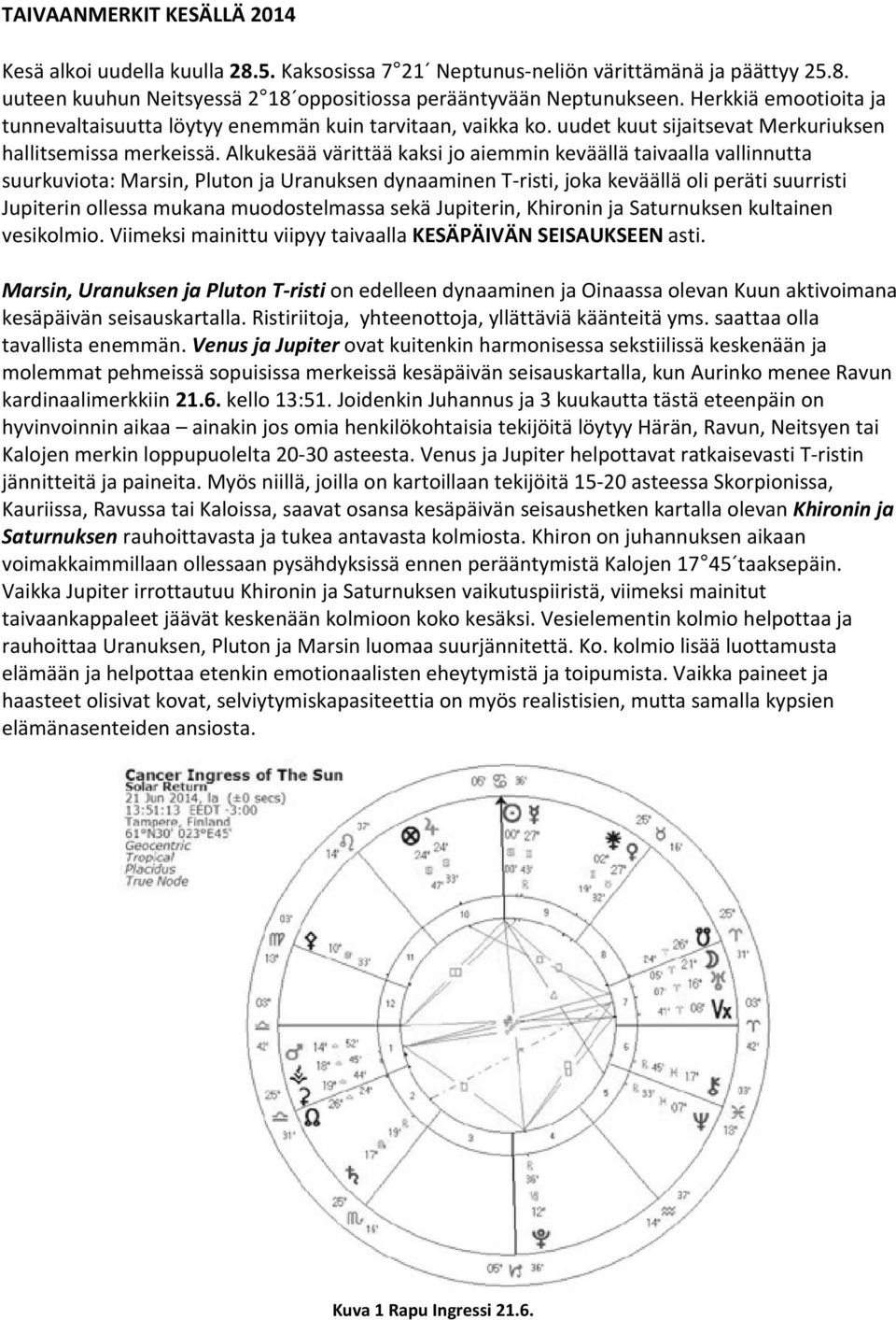 Alkukesää värittää kaksi jo aiemmin keväällä taivaalla vallinnutta suurkuviota: Marsin, Pluton ja Uranuksen dynaaminen T-risti, joka keväällä oli peräti suurristi Jupiterin ollessa mukana