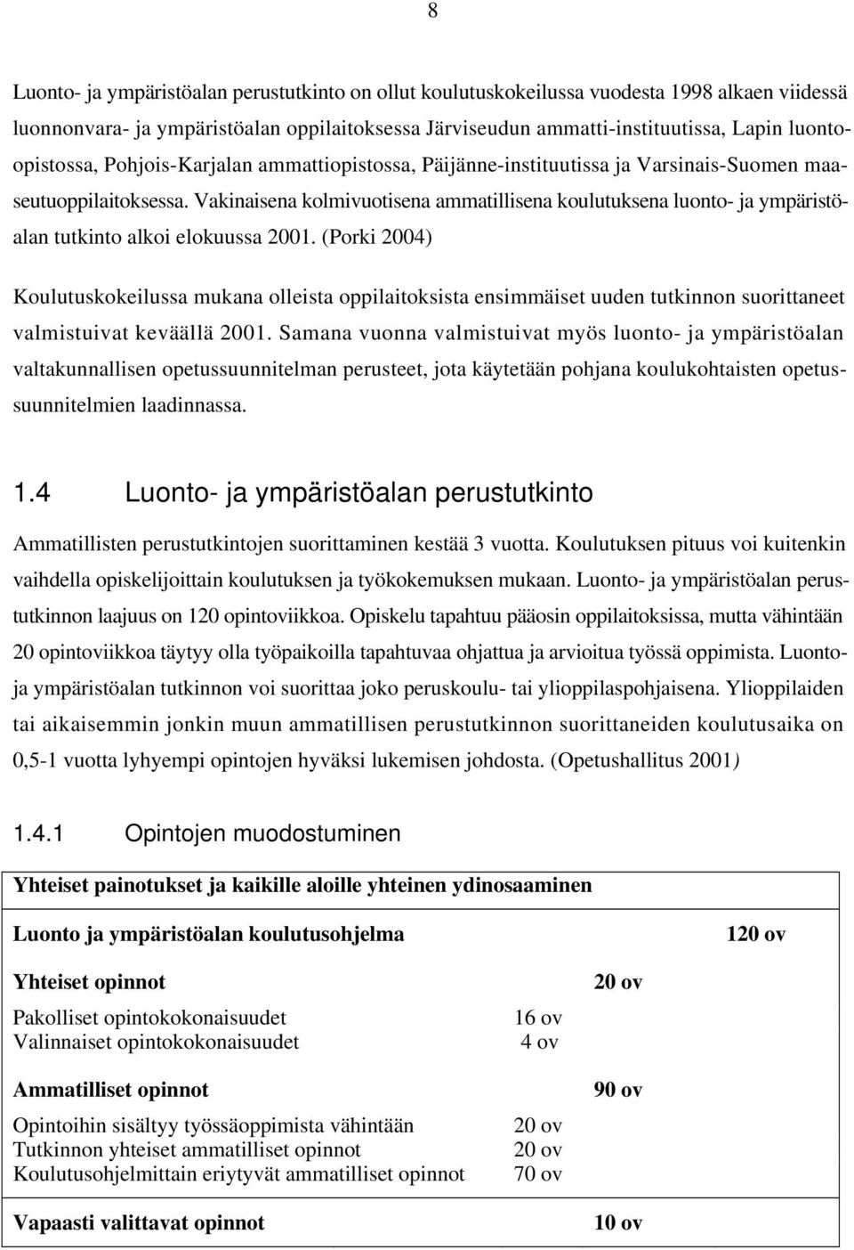 Vakinaisena kolmivuotisena ammatillisena koulutuksena luonto- ja ympäristöalan tutkinto alkoi elokuussa 2001.