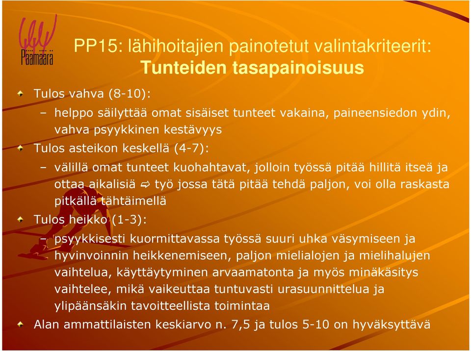 pitkällä tähtäimellä Tulos heikko (1-3): psyykkisesti kuormittavassa työssä suuri uhka väsymiseen ja hyvinvoinnin heikkenemiseen, paljon mielialojen ja mielihalujen vaihtelua,