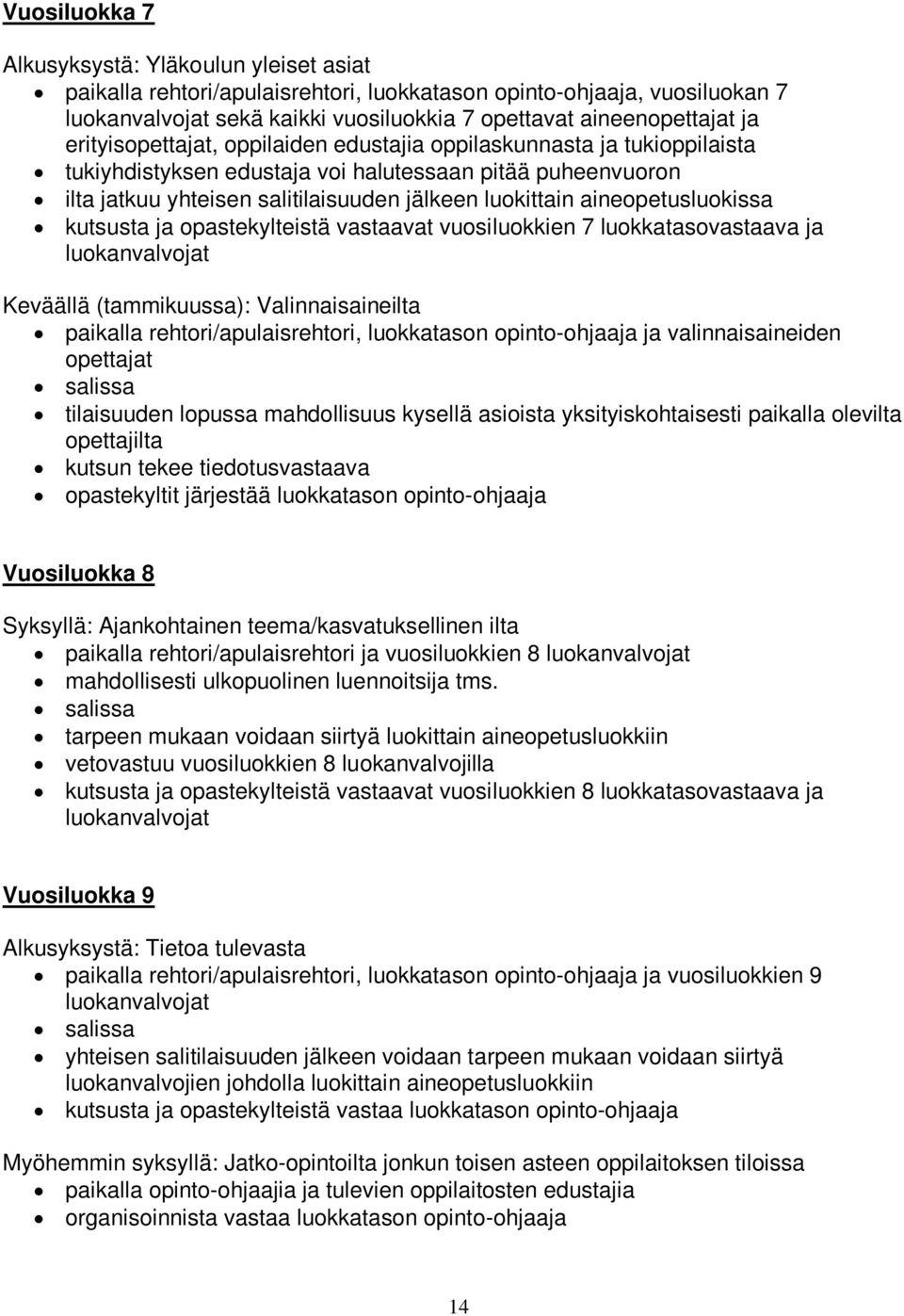 aineopetusluokissa kutsusta ja opastekylteistä vastaavat vuosiluokkien 7 luokkatasovastaava ja luokanvalvojat Keväällä (tammikuussa): Valinnaisaineilta paikalla rehtori/apulaisrehtori, luokkatason