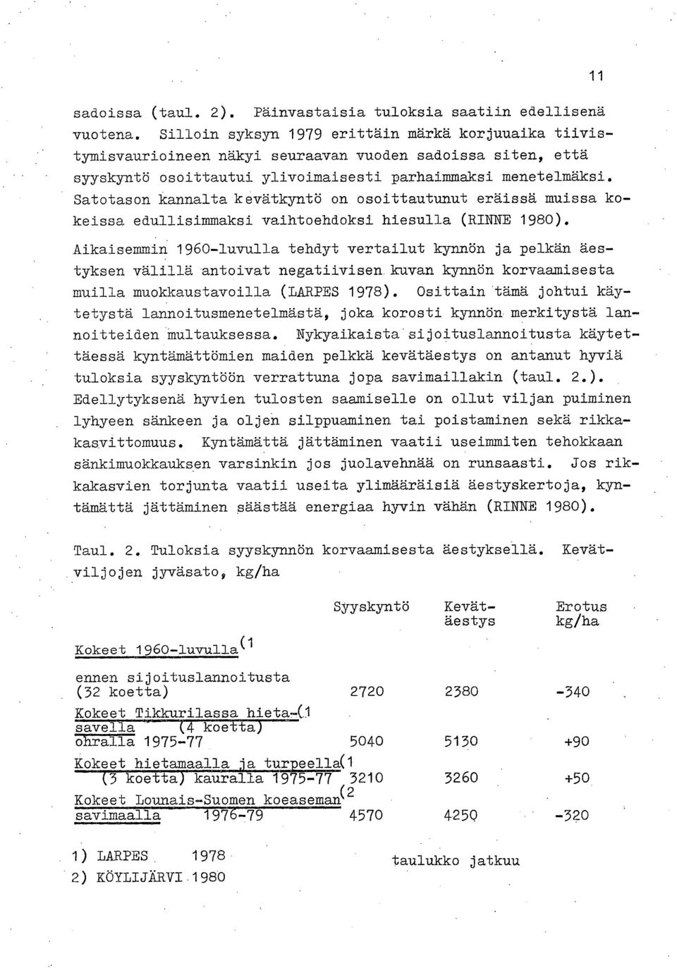 Satotason kannalta kevätkyntö on osoittautunut eräissä muissa kokeissa edullisimmaksi vaihtoehdoksi hiesulla (RINNE 1980).