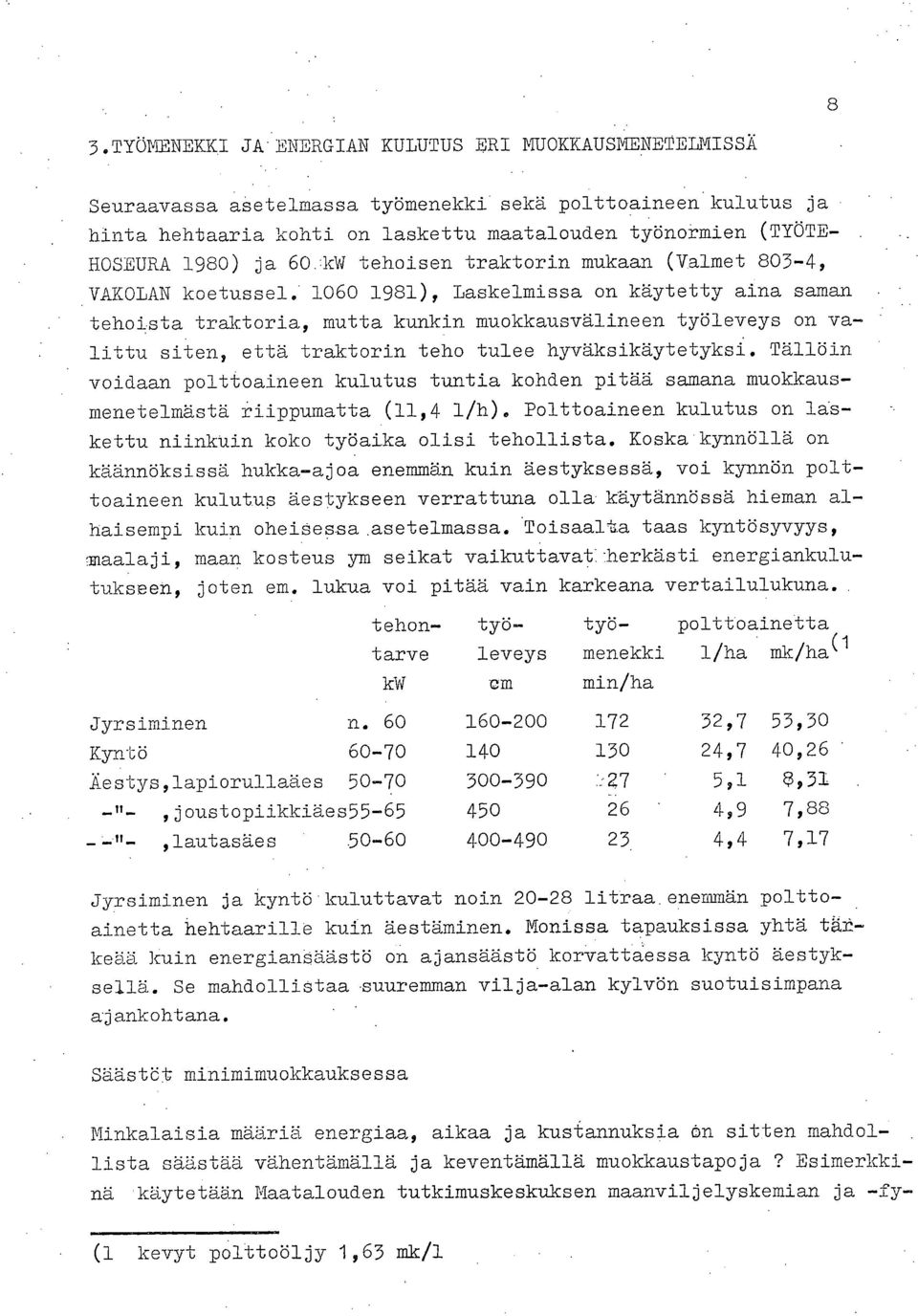 " 1060 1981), Laskelmissa on käytetty aina saman tehoista traktoria, mutta kunkin muokkausvälineen työleveys on valittu siten, että traktorin teho tulee hyväksikäytetyksi.