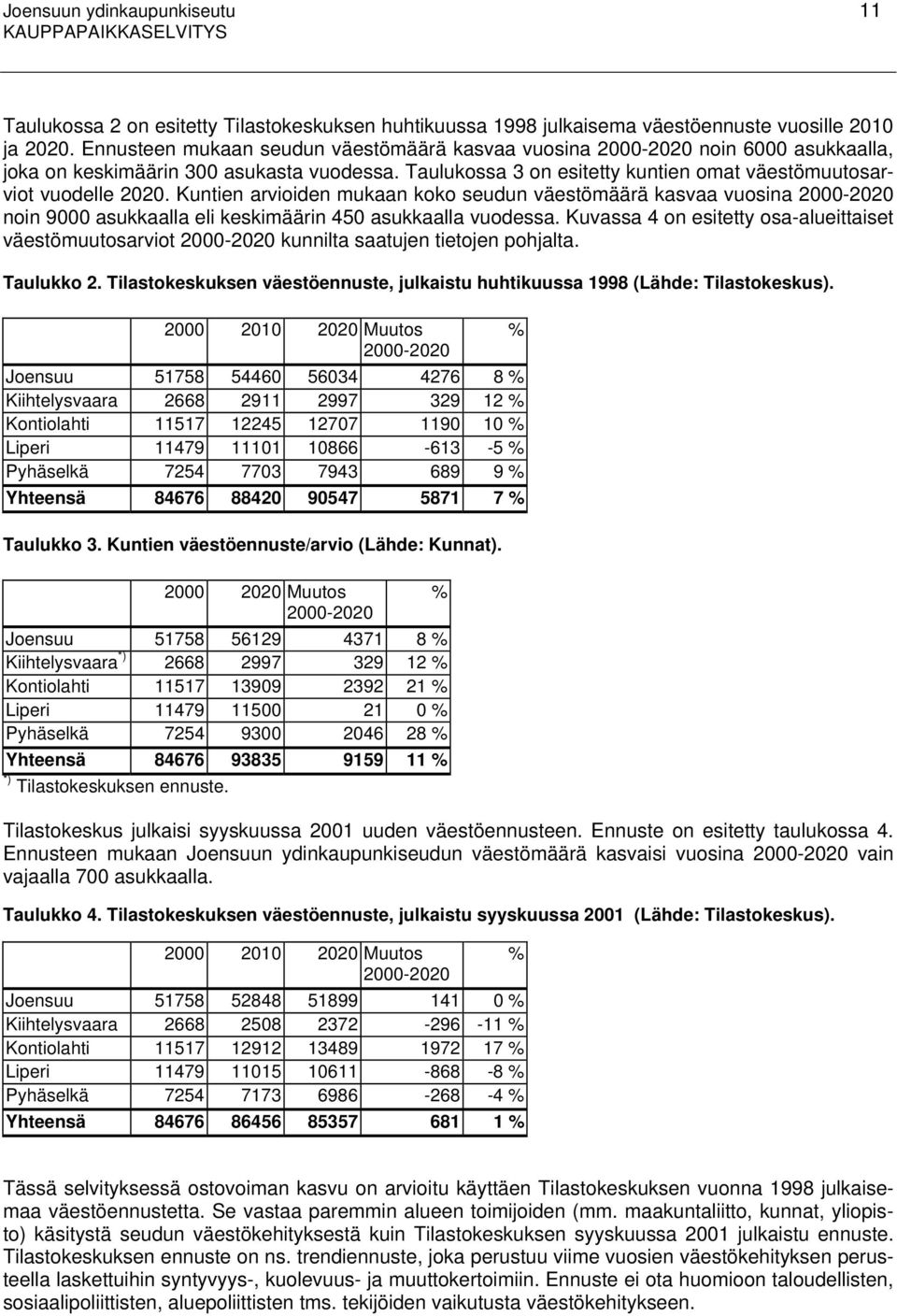 Kuntien arvioiden mukaan koko seudun väestömäärä kasvaa vuosina 2000-2020 noin 9000 asukkaalla eli keskimäärin 450 asukkaalla vuodessa.