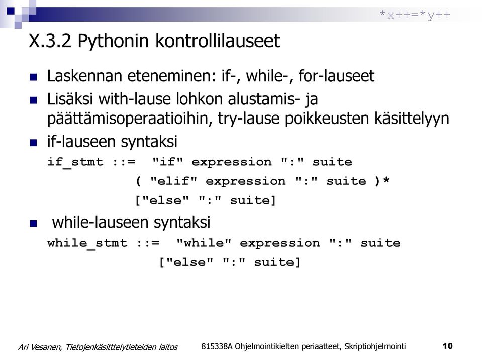 expression ":" suite ( "elif" expression ":" suite )* ["else" ":" suite] while-lauseen syntaksi while_stmt