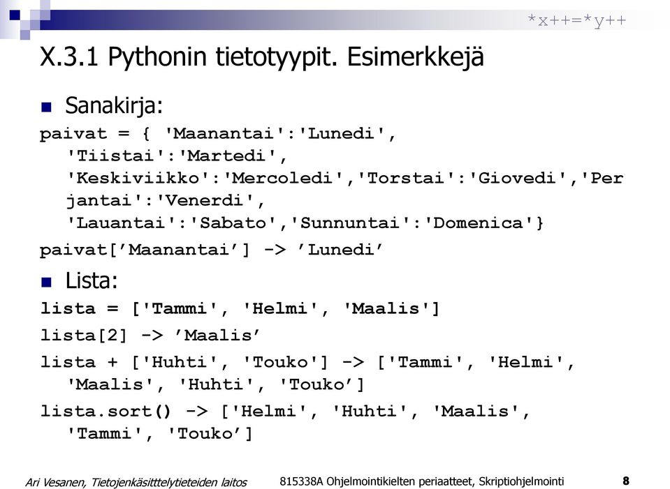 jantai':'venerdi', 'Lauantai':'Sabato','Sunnuntai':'Domenica'} paivat[ Maanantai ] -> Lunedi Lista: lista = ['Tammi', 'Helmi',