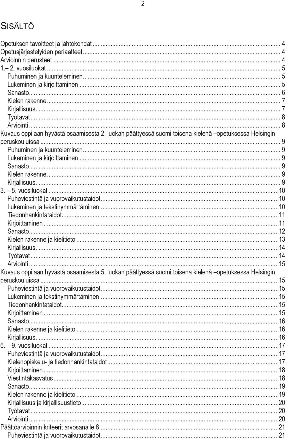 luokan päättyessä suomi toisena kielenä opetuksessa Helsingin peruskouluissa... 9 Puhuminen ja kuunteleminen... 9 Lukeminen ja kirjoittaminen... 9 Sanasto... 9 Kielen rakenne... 9 Kirjallisuus... 9 3.