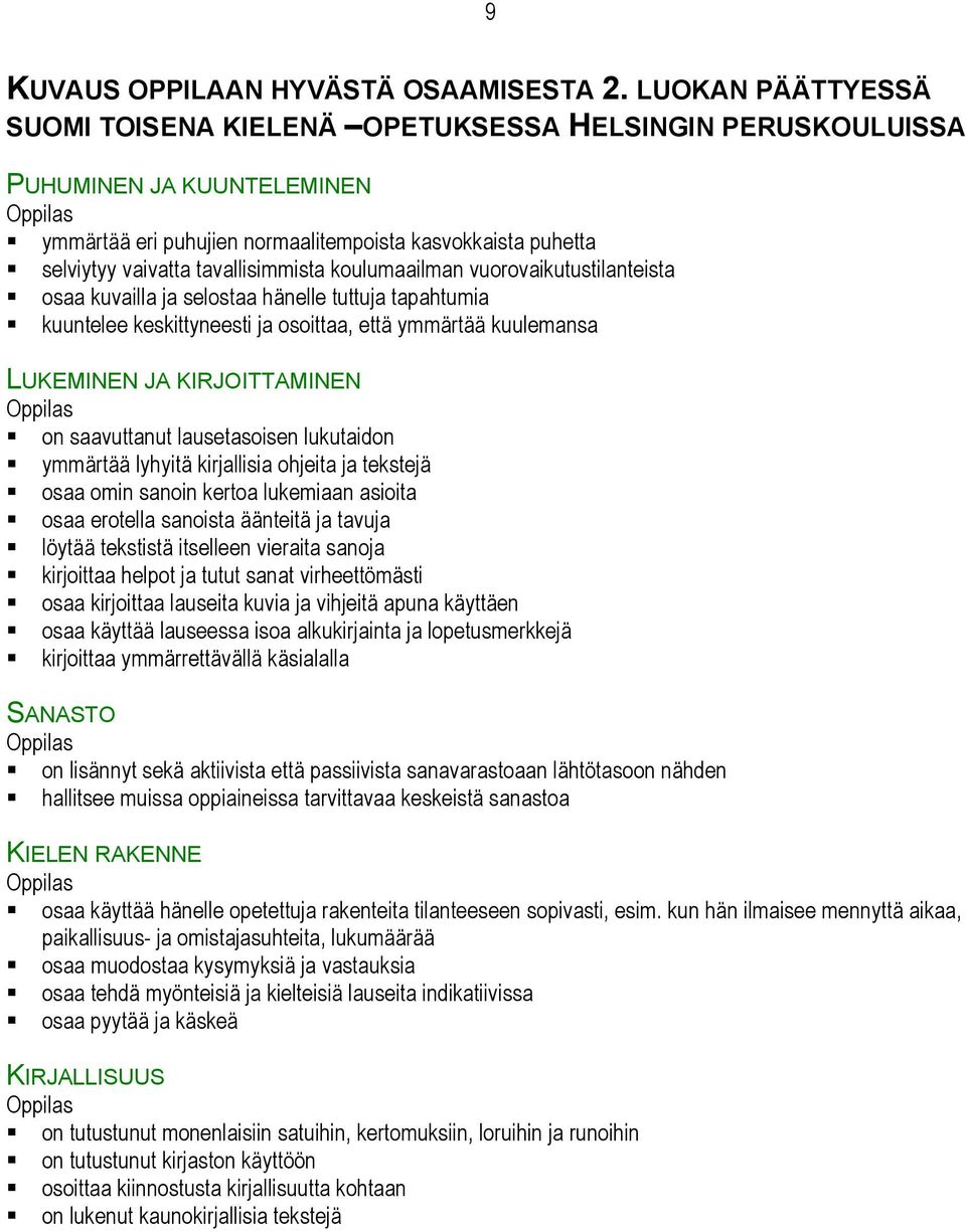 tavallisimmista koulumaailman vuorovaikutustilanteista osaa kuvailla ja selostaa hänelle tuttuja tapahtumia kuuntelee keskittyneesti ja osoittaa, että ymmärtää kuulemansa LUKEMINEN JA KIRJOITTAMINEN